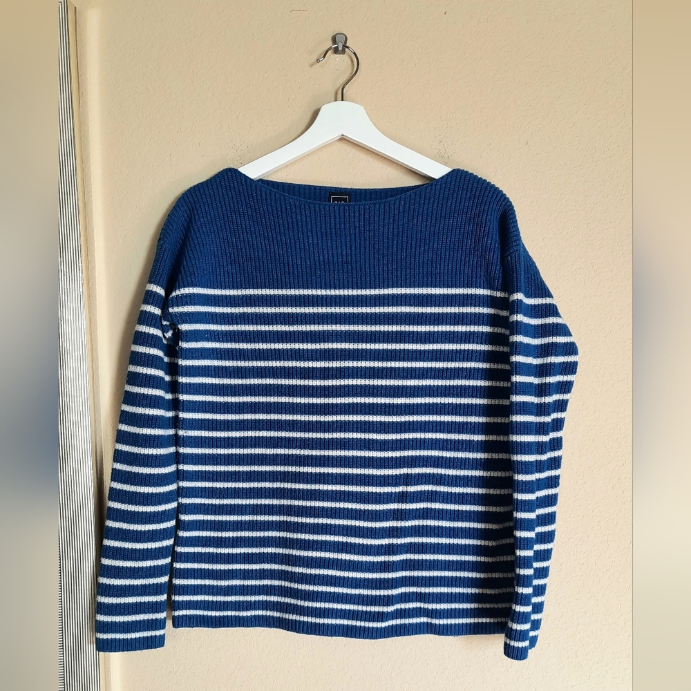 Gap Merino Blend Blue And White Striped Boatneck Sweater Minimalist Classic